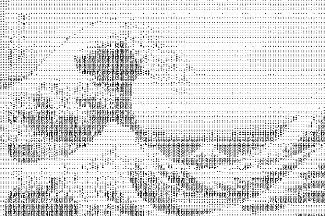 Katsushika Hokusai'nin Büyük Dalga isimli eserinin ASCII sanatı hali.